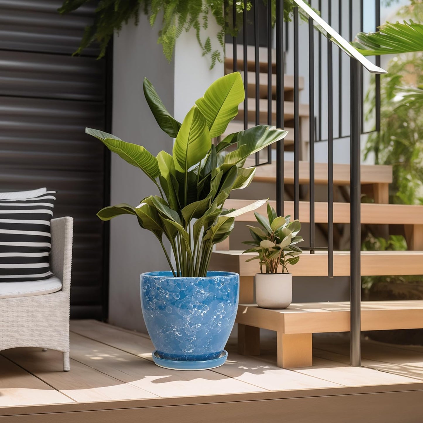 10 Inch Ceramic Planter Pot Round Plant Pot for Indoor Plants Outdoor Large Flower Pot with Drainage Hole and Saucer Blue