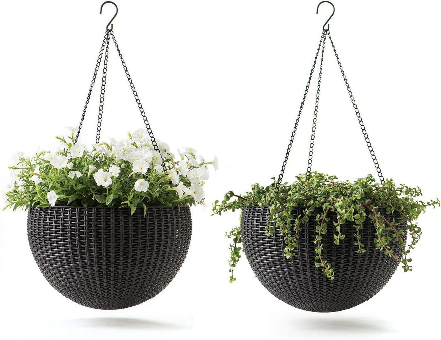 Keter Resin Rattan Set of 2 Round Hanging Planter Baskets for Indoor and Outdoor Plants-Perfect for Porches and Patio Decor, Cappuccino