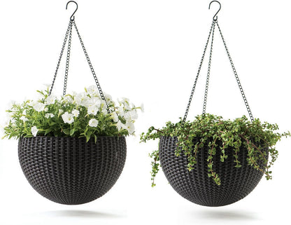 Keter Resin Rattan Set of 2 Round Hanging Planter Baskets for Indoor and Outdoor Plants-Perfect for Porches and Patio Decor, Cappuccino