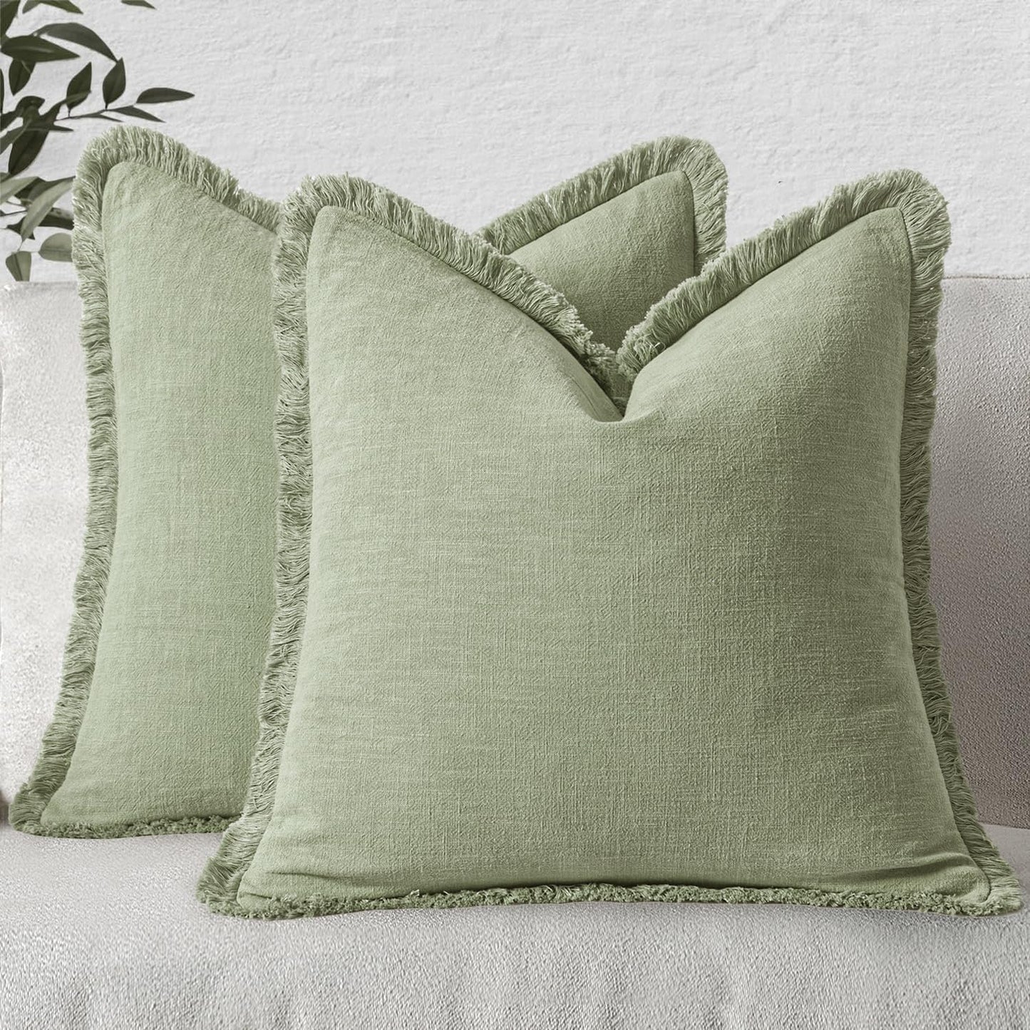 MIULEE Decorative Throw Pillow Covers Neutral Linen Fringe Throw Pillows Set of 2 Natural Beige Boho Farmhouse Cushion Covers with Tassels for Couch Sofa Bed Spring Home Decor 20x20 Inch