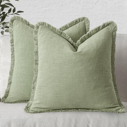 MIULEE Decorative Throw Pillow Covers Neutral Linen Fringe Throw Pillows Set of 2 Natural Beige Boho Farmhouse Cushion Covers with Tassels for Couch Sofa Bed Spring Home Decor 20x20 Inch