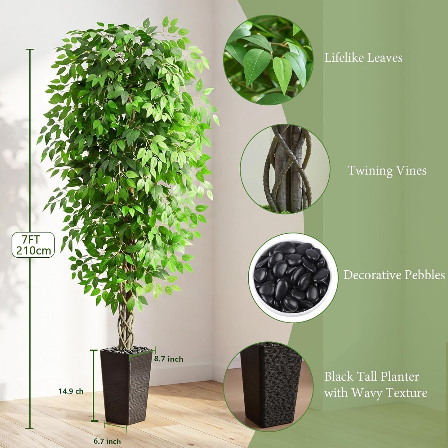 Artificial Ficus Tree 6FT Faux Plants Indoor Tall Fake Plants with White Planter, Green Lifelike Lush Fake Ficus Tree for Home Living Room Bedroom Outdoor Balcony House Office Decor