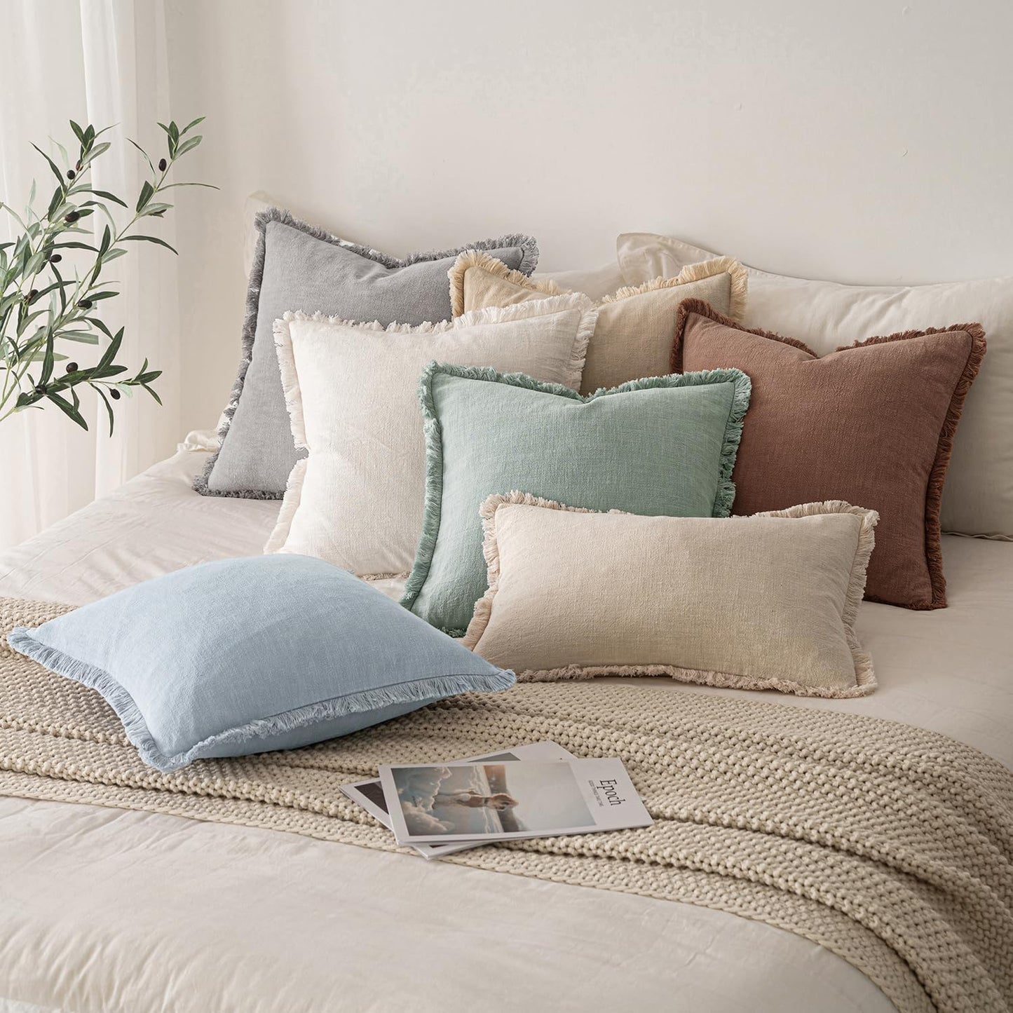 MIULEE Decorative Throw Pillow Covers Neutral Linen Fringe Throw Pillows Set of 2 Natural Beige Boho Farmhouse Cushion Covers with Tassels for Couch Sofa Bed Spring Home Decor 20x20 Inch