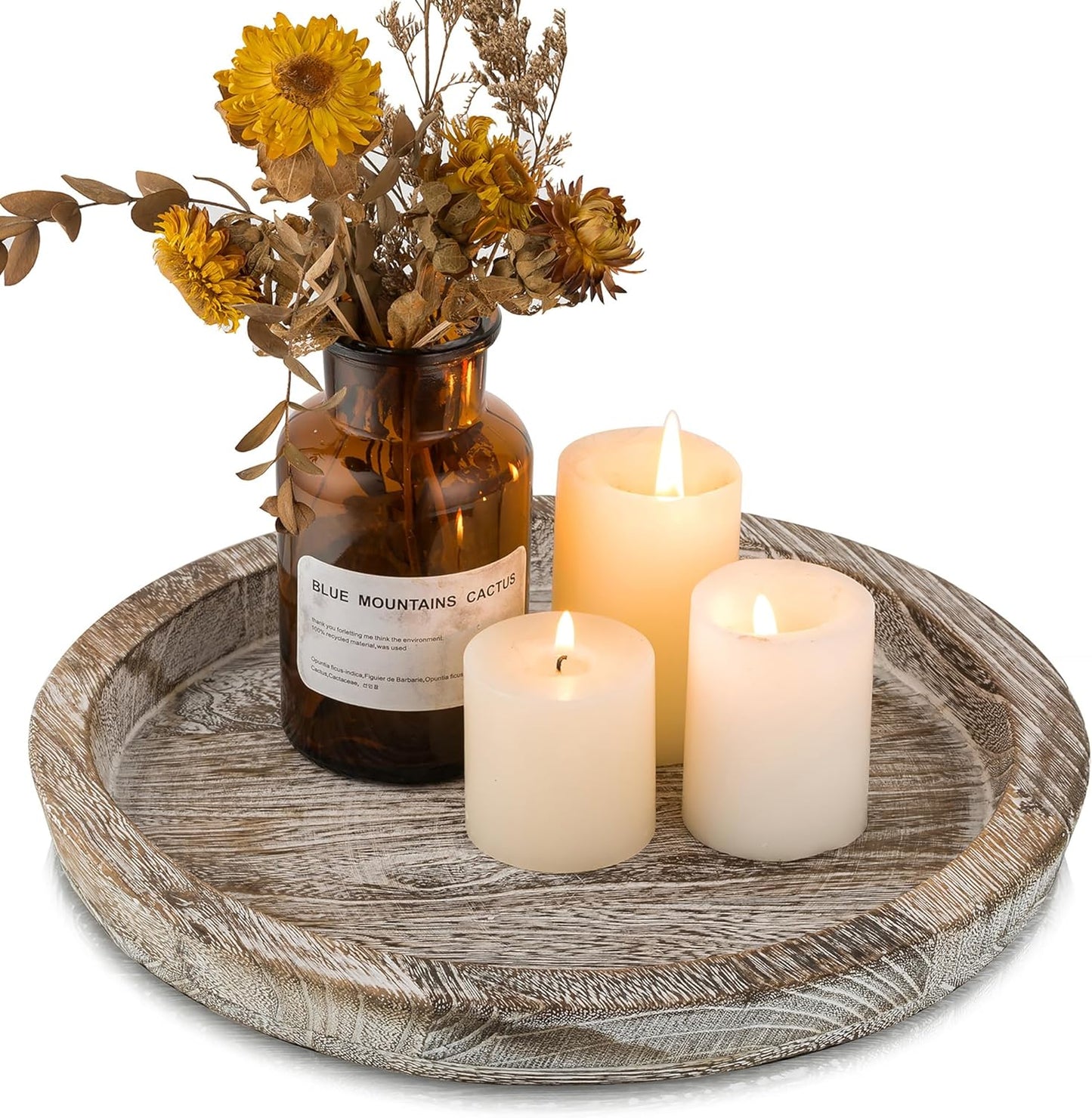 Hanobe Candle Plate Holder Tray: Round Wood Decorative Candle Plate - Rustic Farmhouse CoffeeTable Decor - Tealight Pillar Trays for Home Decor (Distressed)
