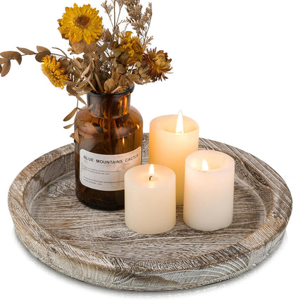 Hanobe Candle Plate Holder Tray: Round Wood Decorative Candle Plate - Rustic Farmhouse CoffeeTable Decor - Tealight Pillar Trays for Home Decor (Distressed)