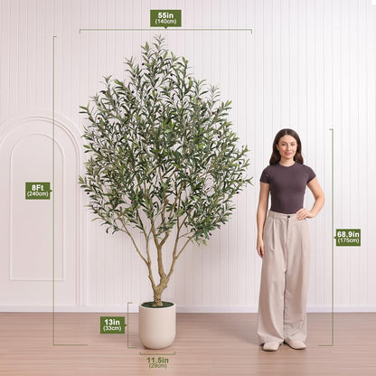 Verinatural Olive Tree Artificial Indoor, 8FT Tall Faux Olive Tree with 18in White Planter, Artificial Plants with Natural Wood Trunk and Lifelike Fruits for Home Office Decor,VN205