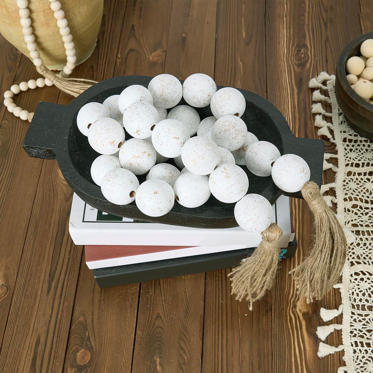 OMISHE Extra Large Wood Bead Garland with 1.6" Diameter Wooden Beads and Tassels, 41" Long Rustic Farmhouse Country Decorative Beads for Home Tiered Tray Decor, Natural Beige