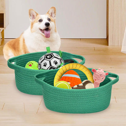 ABenkle Small Basket with Handles, Boho Decorative Rope Woven Dog Cat Toy Storage Bin Shelf Storage Organizer, Easter Christmas Gift Basket, 12"x8"x5", White