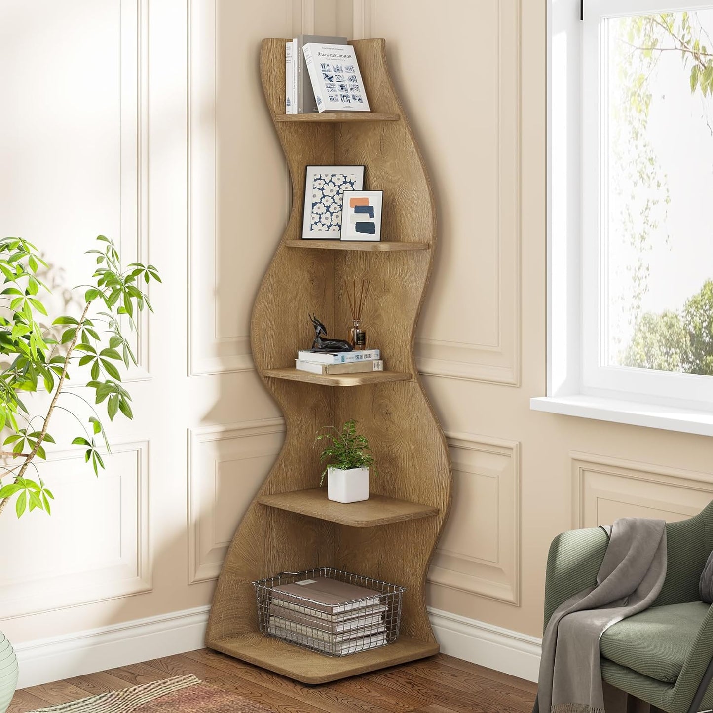 Tribesigns Corner Shelf, Modern 5-Tier Wall Corner Bookshelf, Stylish Corner Small Bookcase Storage Rack Plant Stand with Unique Shape for Living Room, Home Office (White, 1PC)