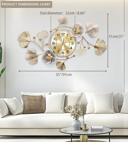 Clocks for Living Room, Large Wall Clock, 3D Silent Wall Clock, Retro Metal Ginkgo Leaf Design, for Bedroom Kitchen Decorative Wall Clocks（32''x18'' ）