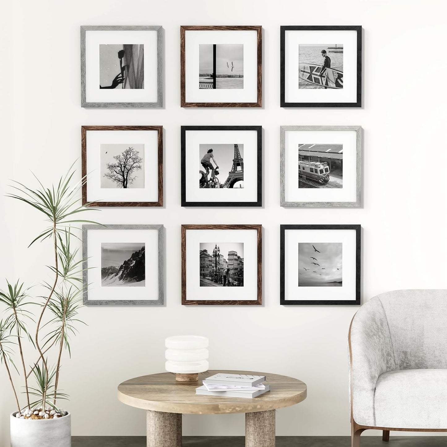 Vittanly 8x10 Picture Frames Set of 9, Shatter Resistant Plexiglass, Display 5x7 Pictures with Mat or 8x10 without Mat, Photo Frames for Wall or Tabletop, Engineered Wood, Black - Colors A