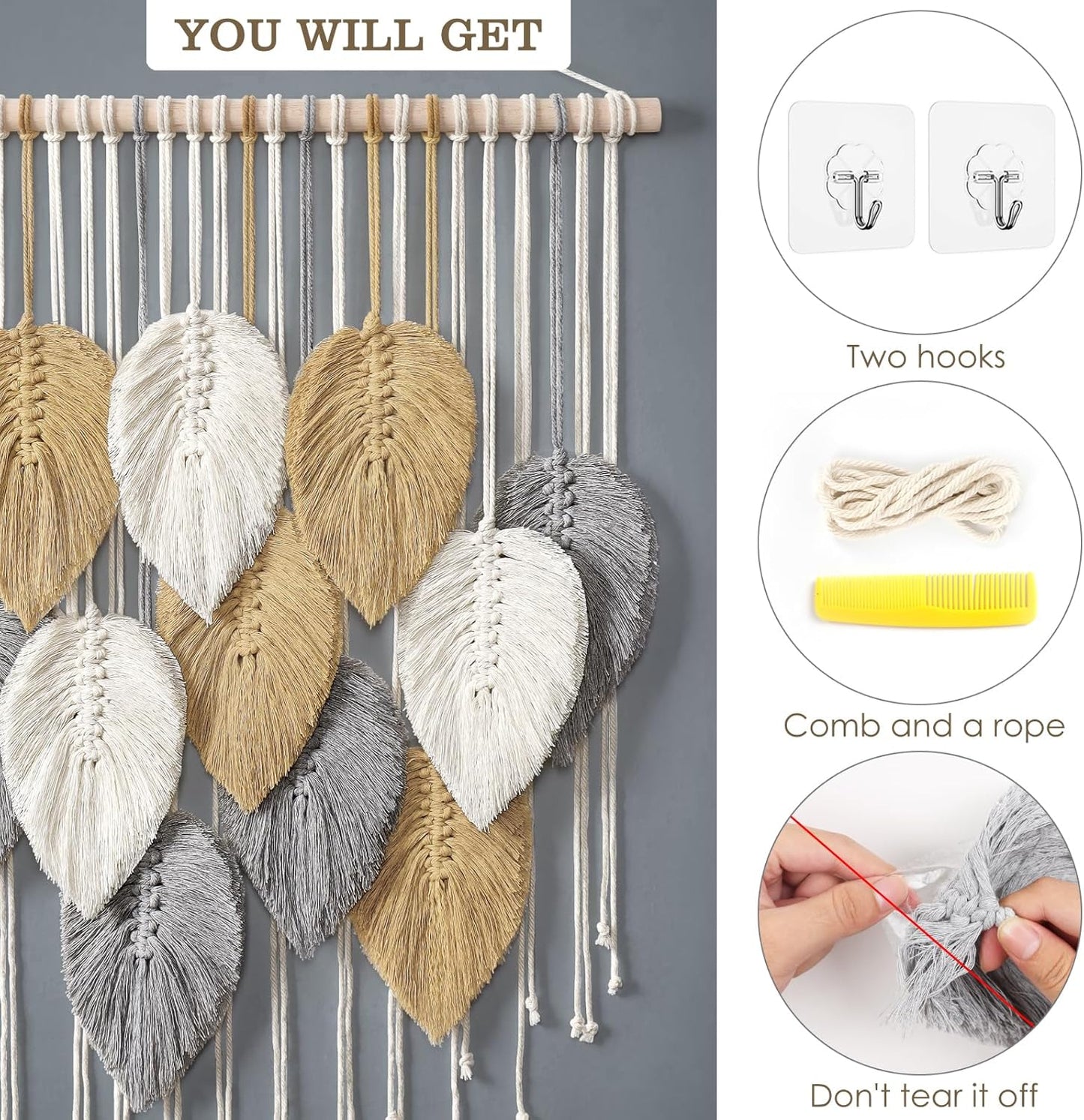 LOMOHOO Macrame Wall Hanging Boho Beige Leaves Tapestry Bohemian Handmade Woven Wall Art Decoration for Bedroom Living Room Apartment Dorm Gallery Perfect Handmade Gift Ideas