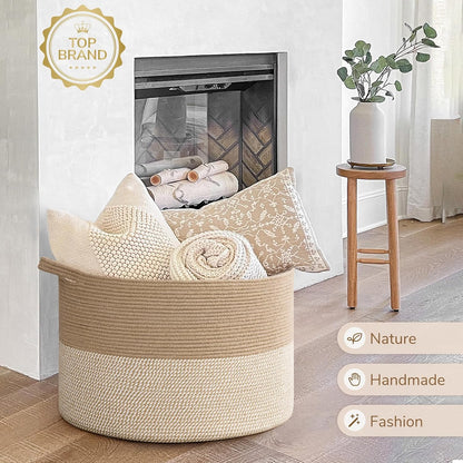 INDRESSME XXXLarge Blanket Basket for Living Room 21.7" x 21.7" x 13.8"-Storage Basket with Handle for Organizing Toy Pillows Woven Cotton Rope Laundry Basket Stuffed Animal Toy Storage for Play Room