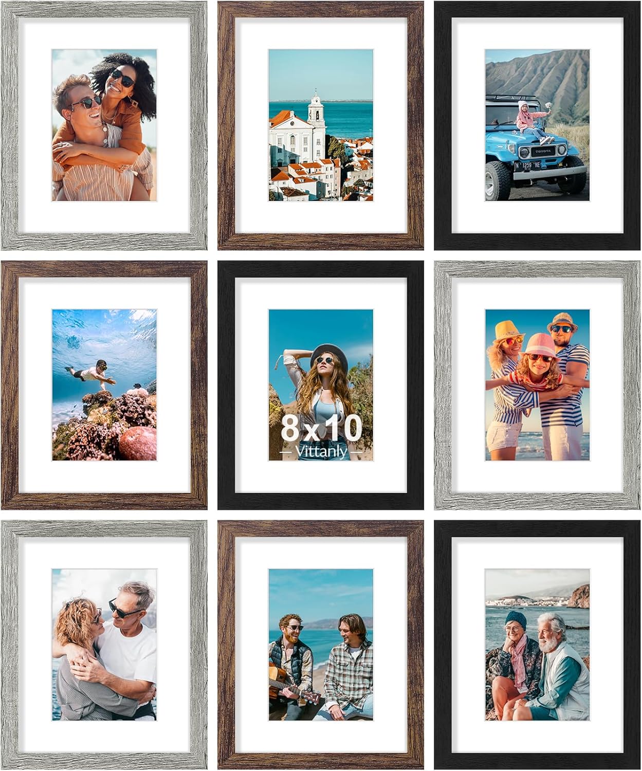 Vittanly 8x10 Picture Frames Set of 9, Shatter Resistant Plexiglass, Display 5x7 Pictures with Mat or 8x10 without Mat, Photo Frames for Wall or Tabletop, Engineered Wood, Black - Colors A