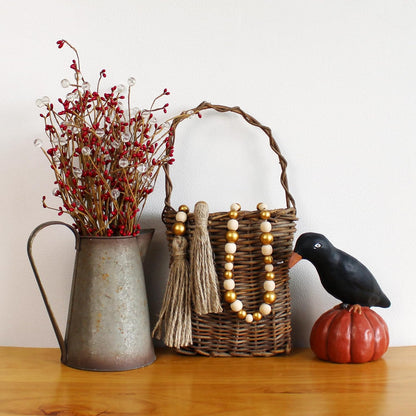 CVHOMEDECO. Wood Beads Garland with Tassels Farmhouse Rustic Wooden Prayer Bead String Wall Hanging Accent for Home Festival Decor. Mix Distressed