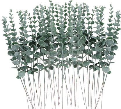 FEQO 36 Pcs Artificial Eucalyptus Stems Dark Brown Leaves Faux Eucalyptus Stems Branches 15 inch for Wedding Bouquet Home Deco