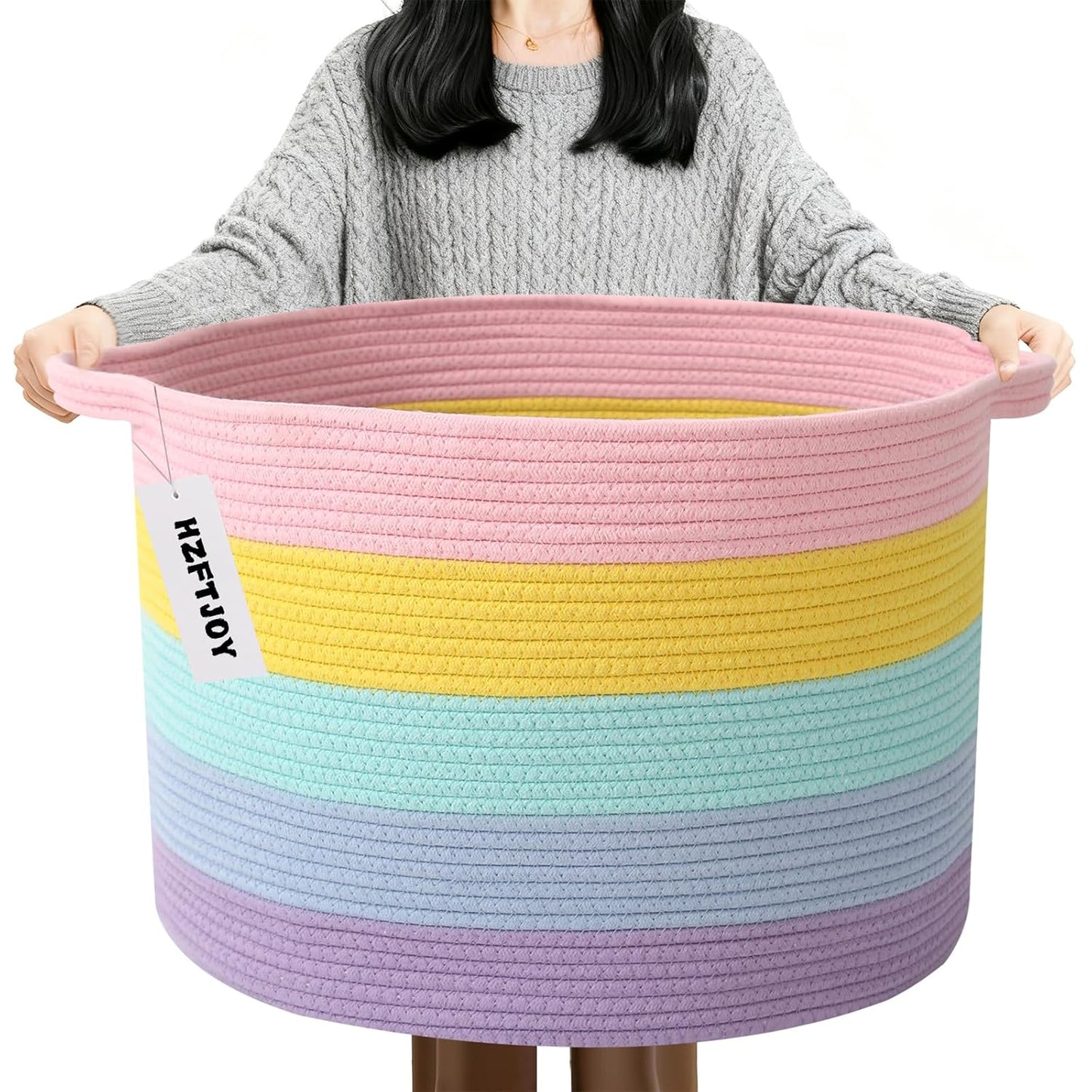 Large Woven Blanket Basket,65L Cotton Rope Laundry Basket Hamper with Handles, Decorative Nursery Basket Storage Bin for Toys, Clothes Organizer, Living Room, Bedroom, Bathroom, White & Brown
