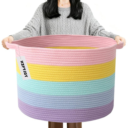 Large Woven Blanket Basket,65L Cotton Rope Laundry Basket Hamper with Handles, Decorative Nursery Basket Storage Bin for Toys, Clothes Organizer, Living Room, Bedroom, Bathroom, White & Brown