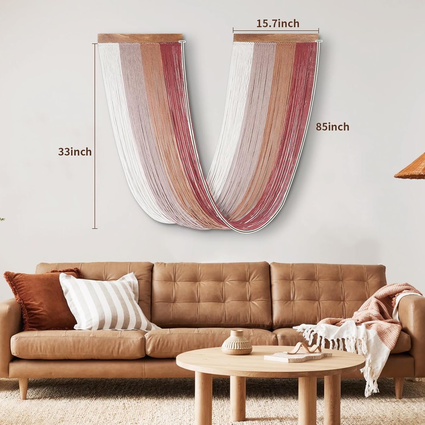 Lokeisna Macrame Wall Hanging, Woven Tapestry Beige & Dusty Rose Handmade Craft Macrame Wall Decor, Gallery & Nursery, Size 37.4” Lx27.5” W