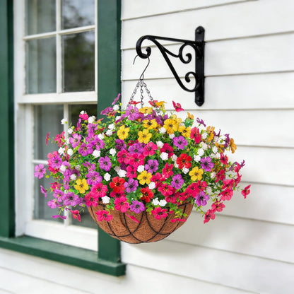 Artificial Silk Flowers Hanging Basket for Outdoor Indoor, Daisy with Eucalyptus Leaves Arrangement for Garden Yard Spring Summer Decor, Faux Green Plant in Metal Coconut Lining Pot(Red Purple)