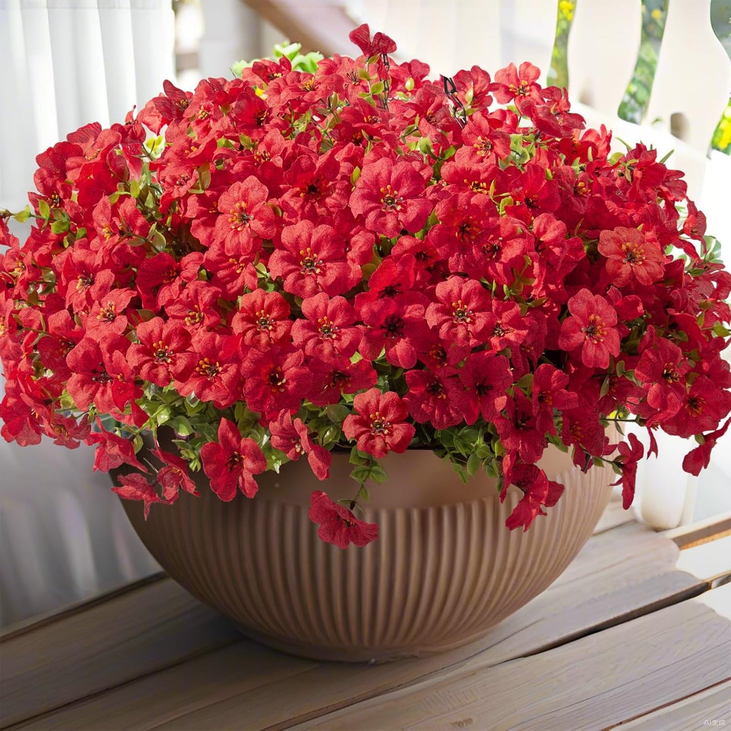 Hananona 2 Set Artificial Outdoor Flowers with Hanging Basket, 2 Hanging Planters with 24 Pcs Flowers for Spring Summer Front Porch Garden Patio Home Decor (2, Red, Purple, Yellow, Rose Red)
