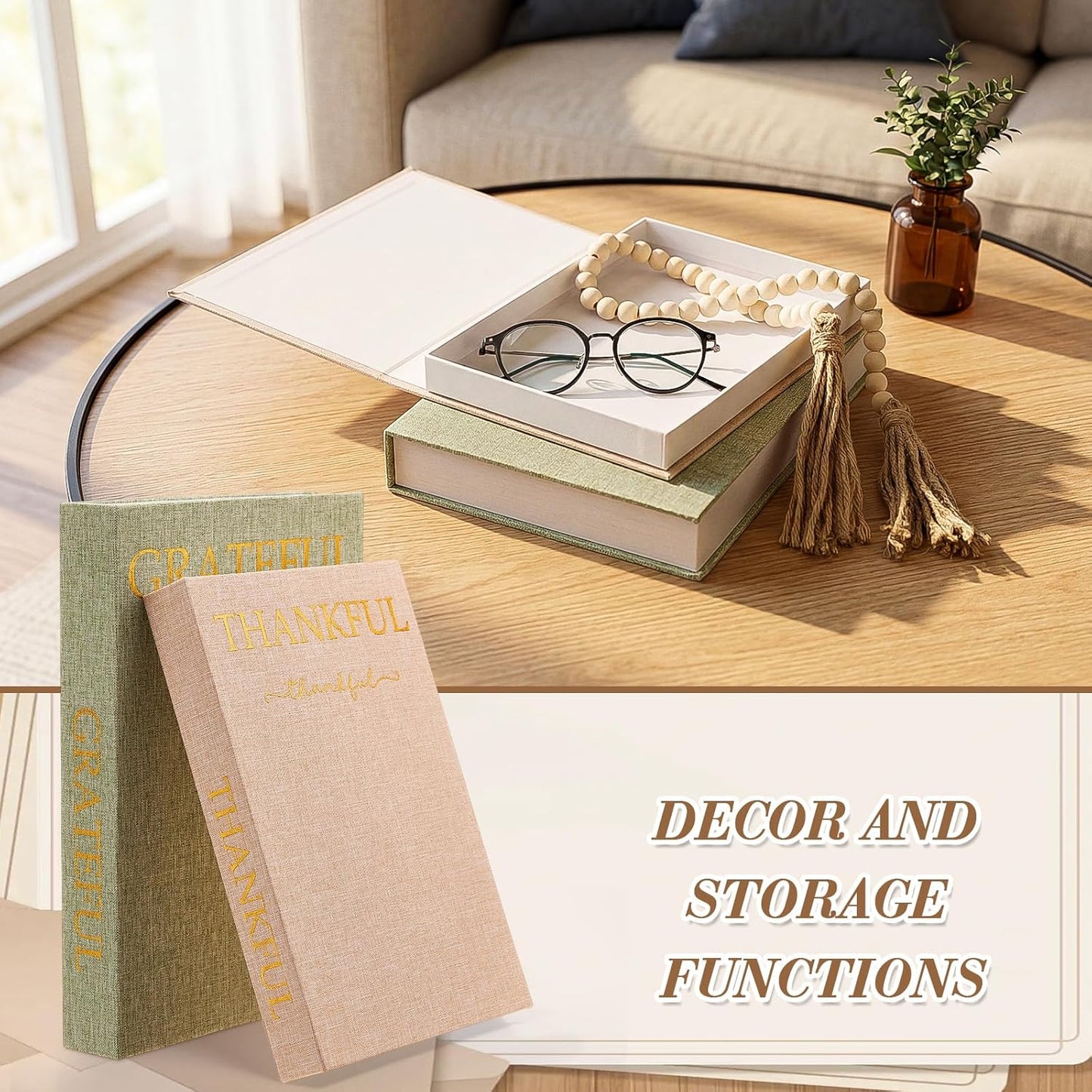 Faccito Set of 2 Linen Decorative Books with Wooden Beaded Garland Tassel Elegant Linen Books Aesthetic Gold Foil Fake Book for Coffee Table Shelf Mantel Storage Boxes(Mint Green)