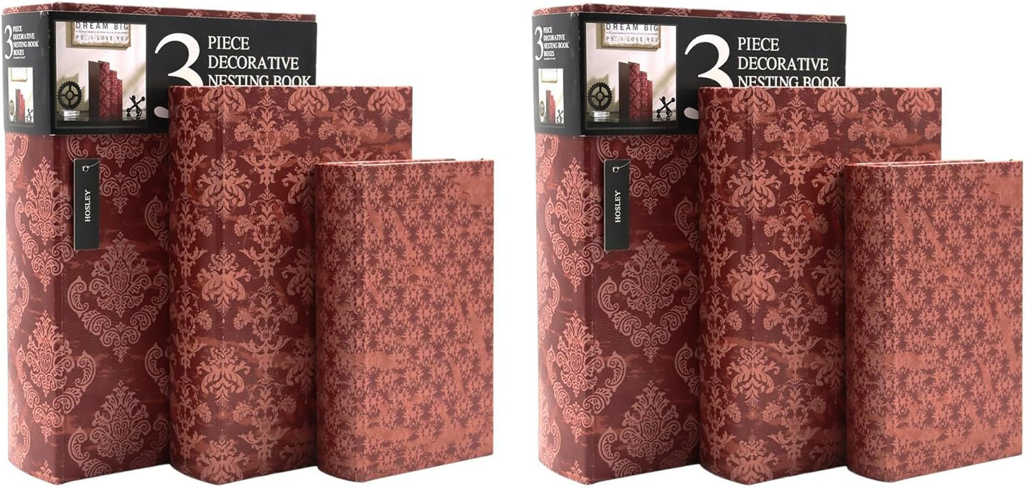 Hosley Farmhouse Memory Book Boxes Set of 3, Red Brown & Gold, Decorative Nesting Storage Boxes 12 10 8 Inch, Faux Leather Keepsake Photo Jewelry Box for Wedding Gift