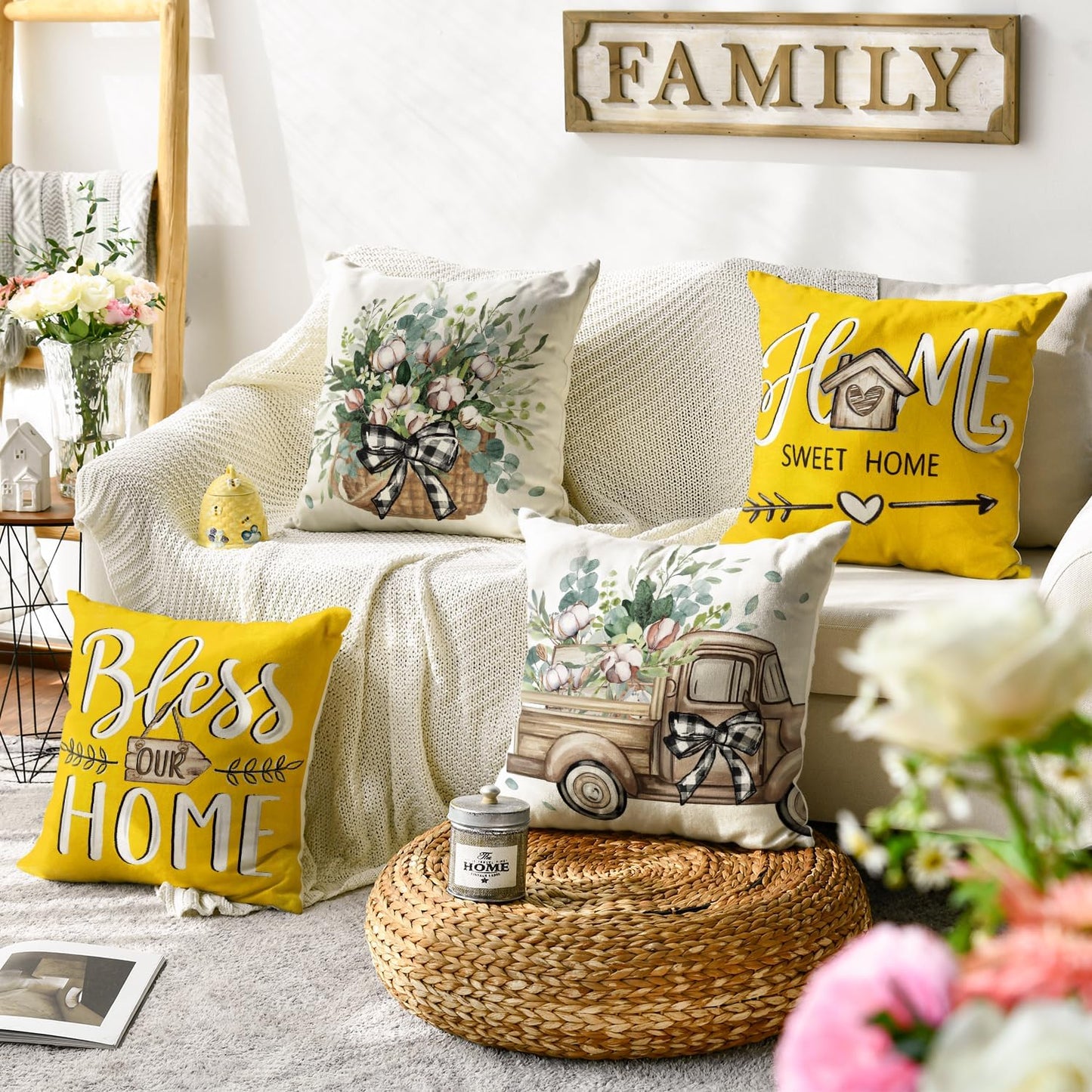 AVOIN colorlife Bless Our Home Farmhouse Eucalyptus Leaves Throw Pillow Covers, 18 x 18 Inch Truck Home Sweet Home Cushion Case Decorations Set of 4