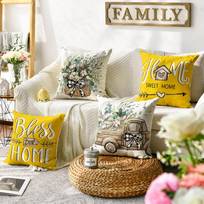 AVOIN colorlife Bless Our Home Farmhouse Eucalyptus Leaves Throw Pillow Covers, 18 x 18 Inch Truck Home Sweet Home Cushion Case Decorations Set of 4