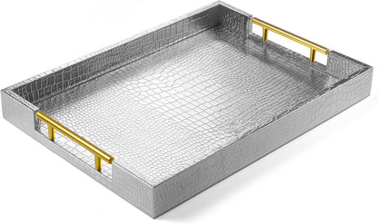 ATZYmolin 17" x 12" Wood Serving Tray with Gold Polished Metal Handles, Home Decorative Wooden Rectangle Ottoman Leather Decor Platter Bathroom Vanity Tray for All Occasions White