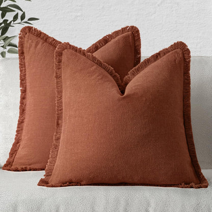 MIULEE Decorative Throw Pillow Covers Neutral Linen Fringe Throw Pillows Set of 2 Natural Beige Boho Farmhouse Cushion Covers with Tassels for Couch Sofa Bed Spring Home Decor 20x20 Inch