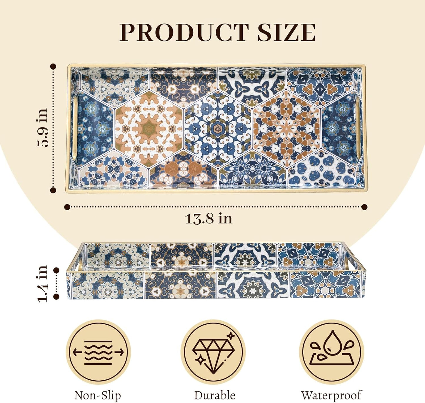 MAONAME White Decorative Tray, Plastic Serving Tray with Handles, Rectangular Moroccan Trays, Long Narrow Trays for Bathroom, Kitchen Counter, 13.8" X 6" X 1.57"
