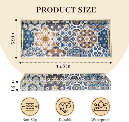 MAONAME White Decorative Tray, Plastic Serving Tray with Handles, Rectangular Moroccan Trays, Long Narrow Trays for Bathroom, Kitchen Counter, 13.8" X 6" X 1.57"