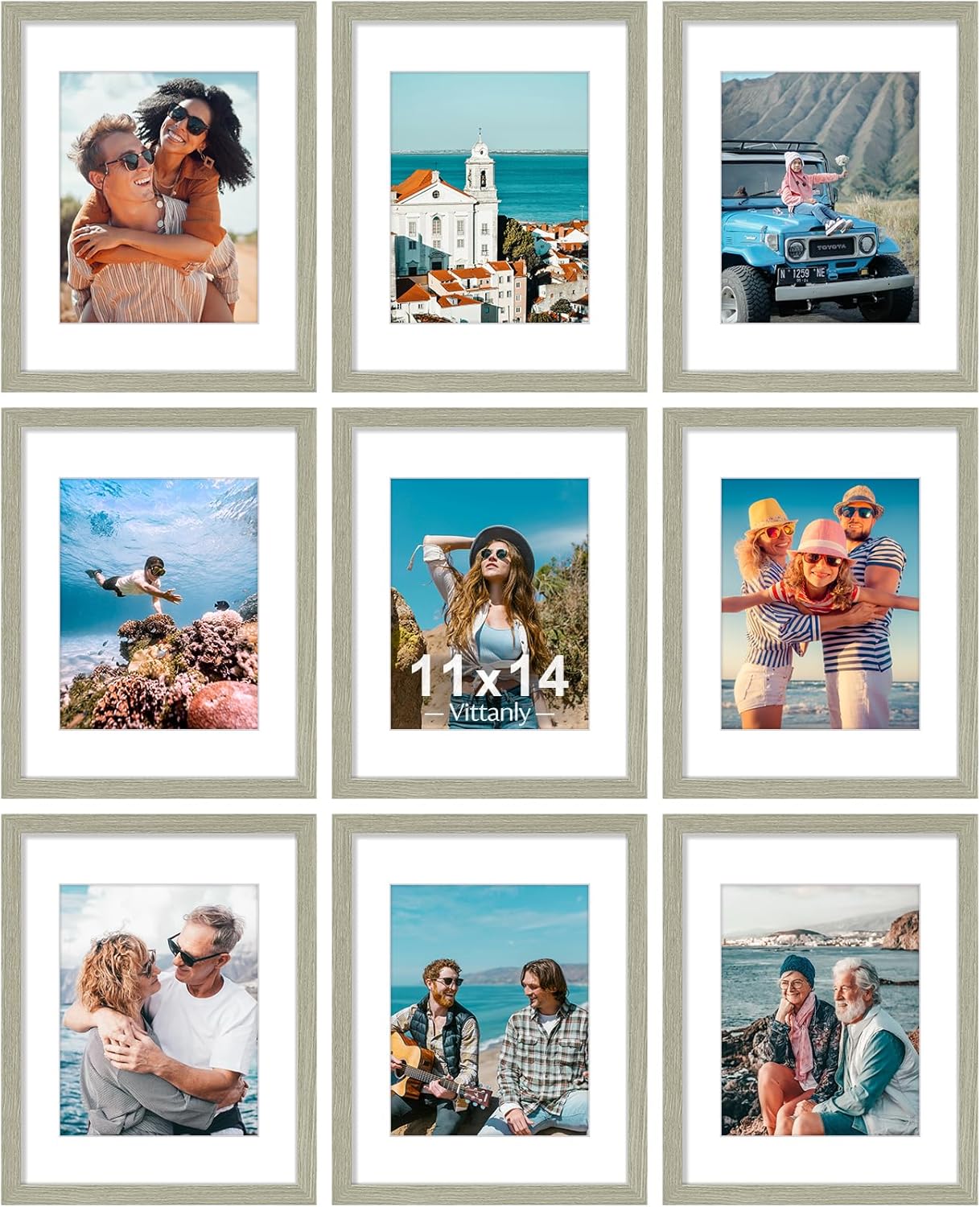 Vittanly 8x10 Picture Frames Set of 9, Shatter Resistant Plexiglass, Display 5x7 Pictures with Mat or 8x10 without Mat, Photo Frames for Wall or Tabletop, Engineered Wood, Black - Colors B