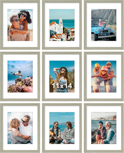 Vittanly 8x10 Picture Frames Set of 9, Shatter Resistant Plexiglass, Display 5x7 Pictures with Mat or 8x10 without Mat, Photo Frames for Wall or Tabletop, Engineered Wood, Black - Colors B