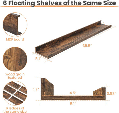 upsimples 6 Pack Wooden Floating Shelves, Wall Storage Decor Shelf for Bathroom, Bedroom, Living Room, Kitchen, Office and Laundry Room, Wall Mounted Display Hanging Shelf, Brown