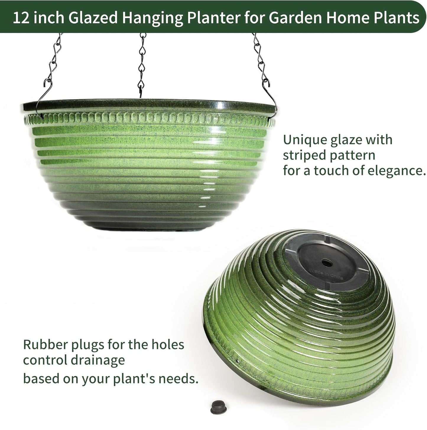 Vanslogreen 2 Pack Hanging Planters for Indoor Outdoor Plants, 10 Inch Hanging Planter with Drainage Hole & Plug Glazed Hanging Baskets Flower Pots for Garden Home (Blue)
