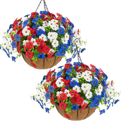 Hananona 2 Set Artificial Outdoor Flowers with Hanging Basket, 2 Hanging Planters with 24 Pcs Flowers for Spring Summer Front Porch Garden Patio Home Decor (2, Red, Purple, Yellow, Rose Red)