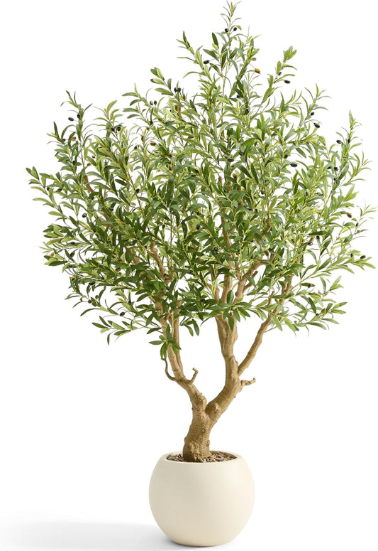 7.5 FT Large Luxury Artificial Olive Tree, Tall Faux Olive Tree with White Pot, Extra Lush Stereoscopic Shape, 5 Minutes Easy Set-up, Realistic Trunks and Lifelike Leaves & Fruits, Home Office Décor
