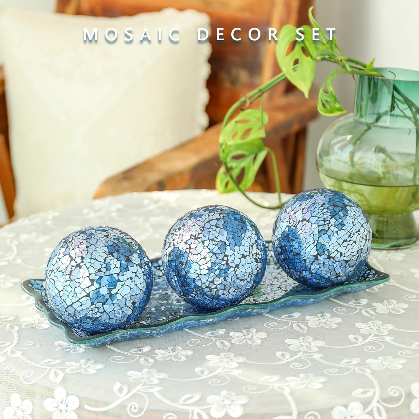 VCUTEKA Decorative Balls and Glass Bowl, 4 Inch Mosaic Sphere Balls Centerpiece Balls for Coffee Table, Home Decor, Wedding Party Decor, Green