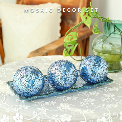 VCUTEKA Decorative Balls and Glass Bowl, 4 Inch Mosaic Sphere Balls Centerpiece Balls for Coffee Table, Home Decor, Wedding Party Decor, Green