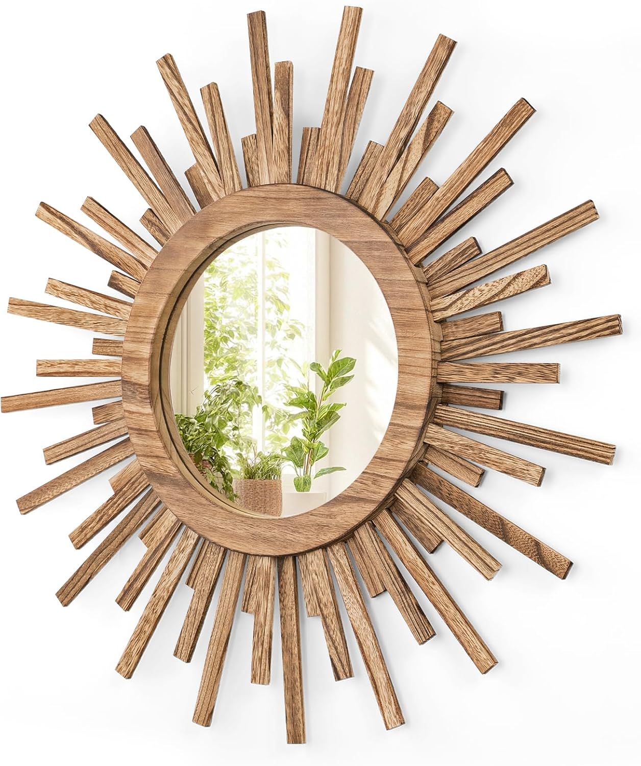 24 Inch Boho Sunburst Mirror, Round Wooden Wall Decor Starburst Sun Mirror for Bedroom, Living Room, Bathroom, Hallway, Balcony, Farmhouse Entryway, Housewarming Gift