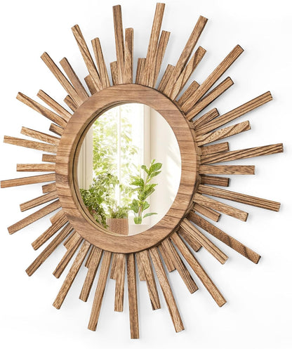 24 Inch Boho Sunburst Mirror, Round Wooden Wall Decor Starburst Sun Mirror for Bedroom, Living Room, Bathroom, Hallway, Balcony, Farmhouse Entryway, Housewarming Gift