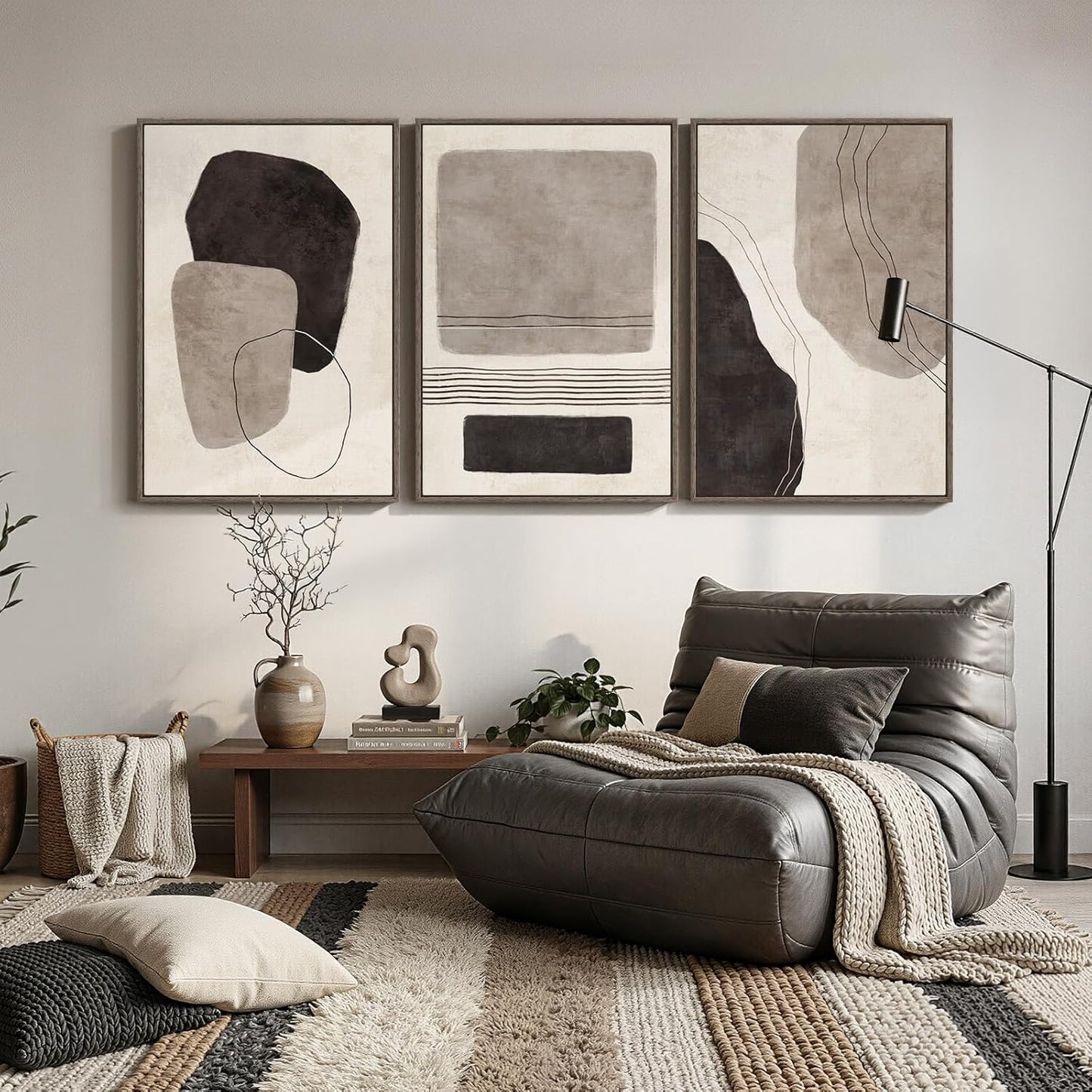 Large Framed Neutral Abstract Wall Art for Living Room, 3 Piece Modern Canvas Prints Paintings Artwork for Walls, Black and Beige Pictures for Living Room Hallway Stair Office Wall Decor 24x36 Inch
