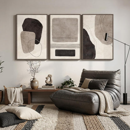 Large Framed Neutral Abstract Wall Art for Living Room, 3 Piece Modern Canvas Prints Paintings Artwork for Walls, Black and Beige Pictures for Living Room Hallway Stair Office Wall Decor 24x36 Inch