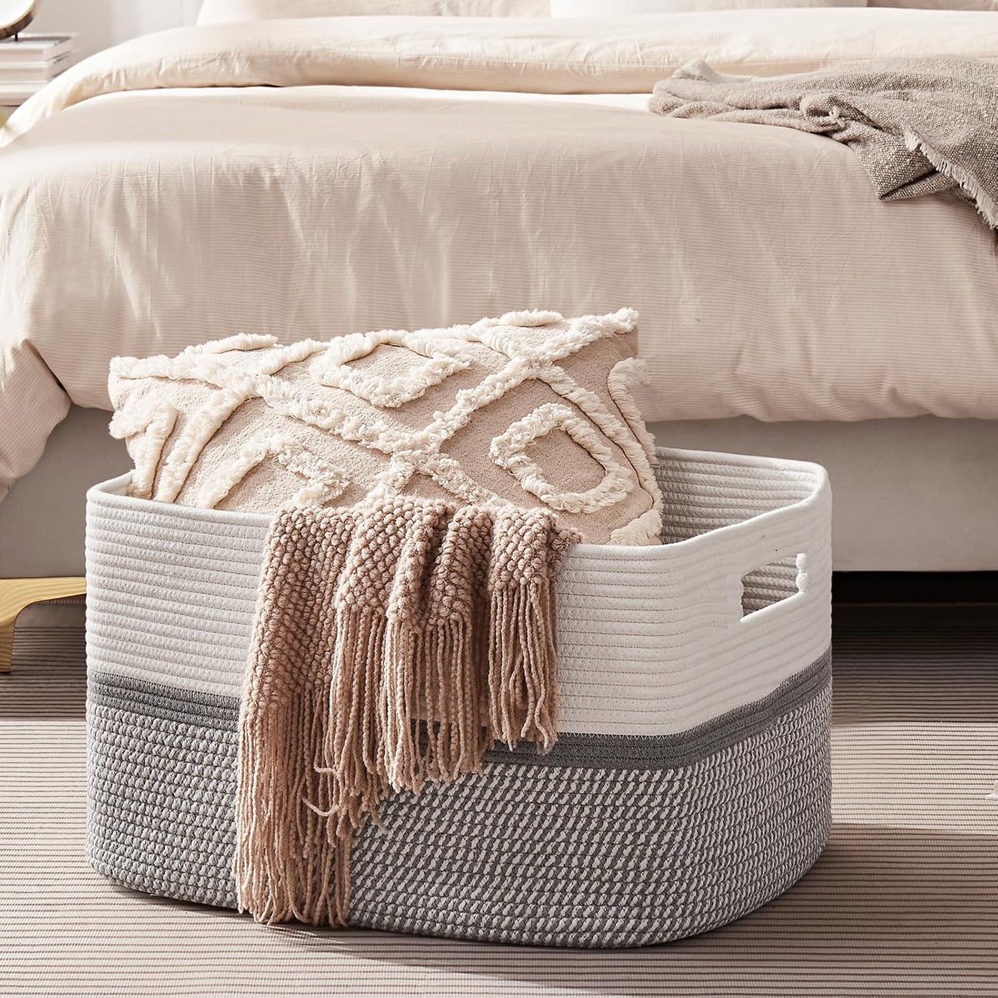 OIAHOMY Large Blanket Basket, 22”x17”x12” Rectangle Woven Baskets, Nursery Blanket Storage Living Room, Toy Storage With Handle, Large Baskets for Organizing-Gradient Yellow