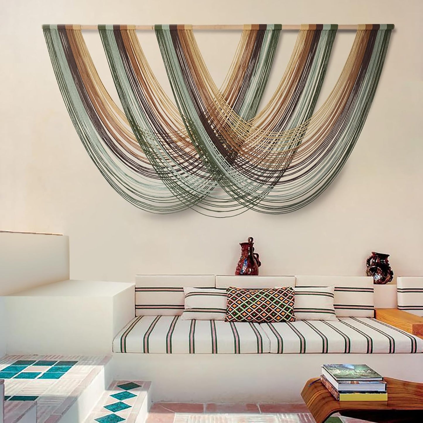 Flber Macrame Wall Hanging Boho Wall Decor Tapestry Dip Dyed Ombre Moss Green Handmade Wall Art Woven Cotton Rope Backdrop with for Bedroom Living Room, 57" W x 39" L