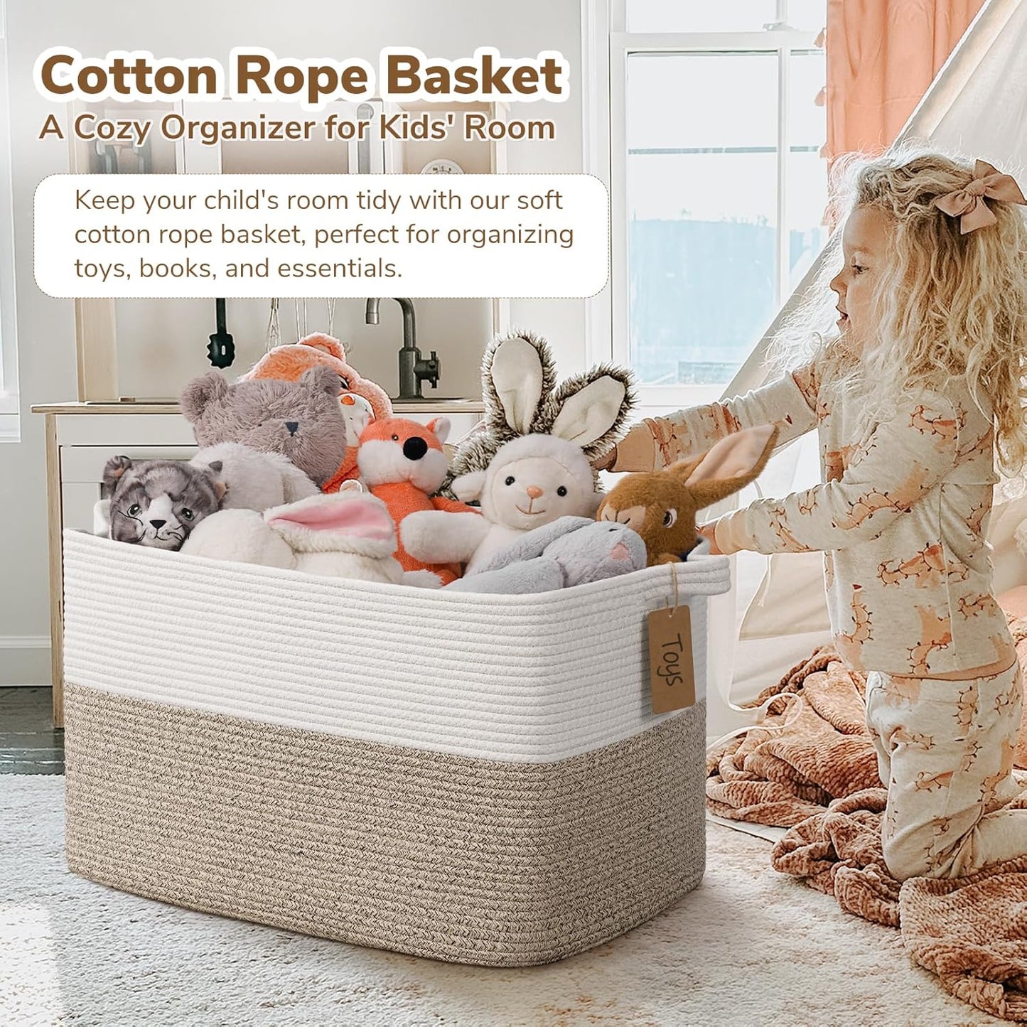 Goodpick Woven Storage Basket, Cotton Rope Basket for Dog Toys, Books, Stylish Gift Basket with Handles, 13 x 10 x 9 Inches Square Baskets for Organizing, Brown and White