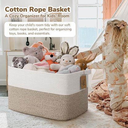 Goodpick Woven Storage Basket, Cotton Rope Basket for Dog Toys, Books, Stylish Gift Basket with Handles, 13 x 10 x 9 Inches Square Baskets for Organizing, Brown and White