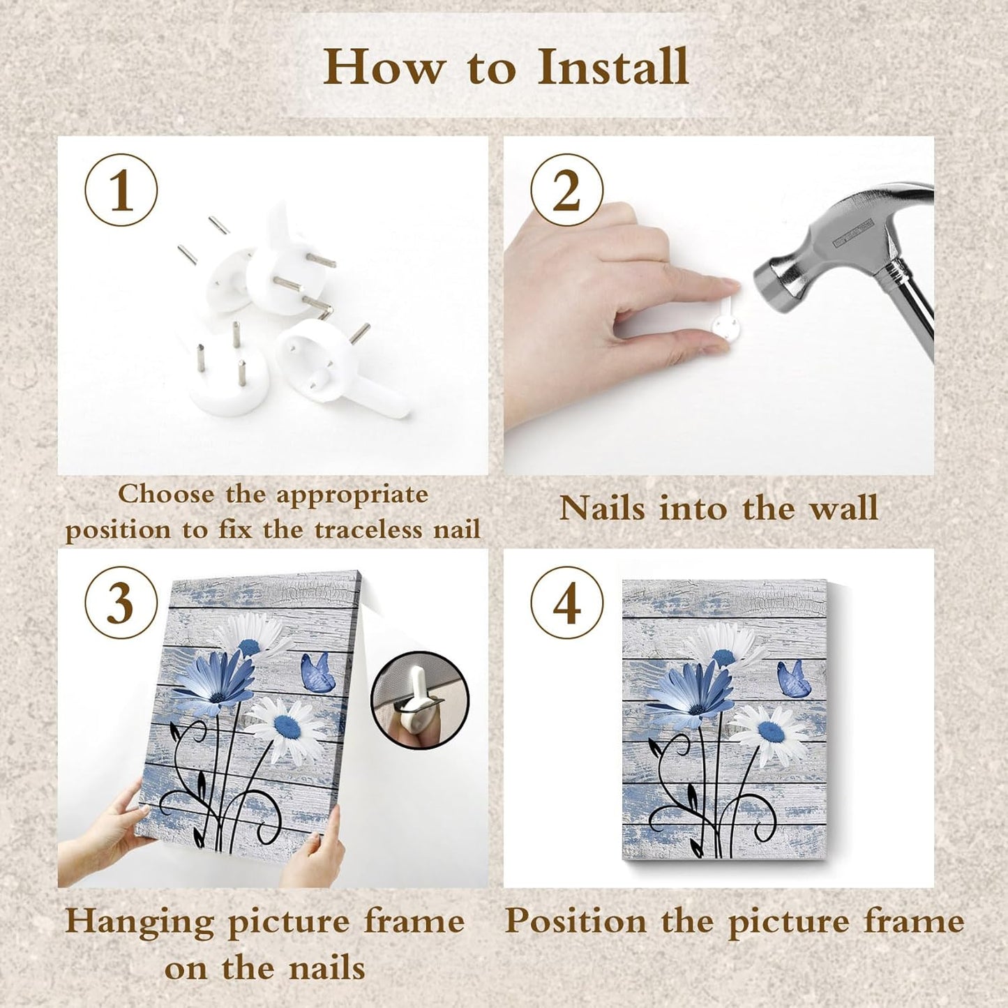 HVEST Farmhouse Floral Wall Art for Living Room, Blue and White Daisy Flower and Butterfly on Rustic Wood Board Canvas Wall Art Framed Artwork Ready to Hang for Bathroom Bedroom Decor, 16L X 12W